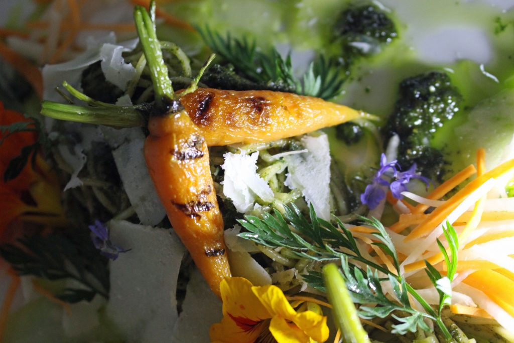 Pasta with Carrot Top Pesto and Grilled Baby Carrots