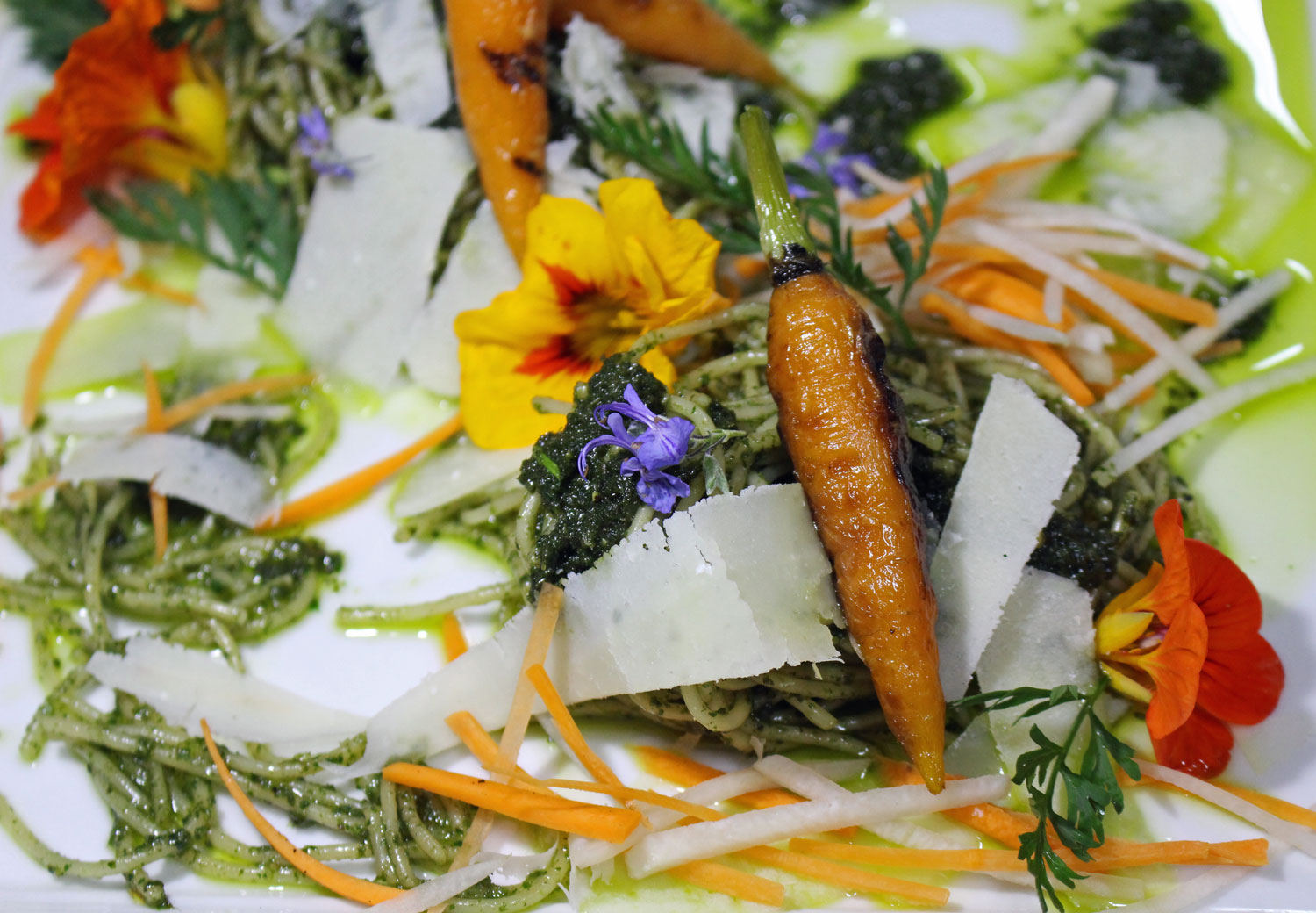 Our Pasta with Carrot Top Pesto and Grilled Baby Carrots recipe is vegetarian and utilises the entire carrot from the top to the tip.